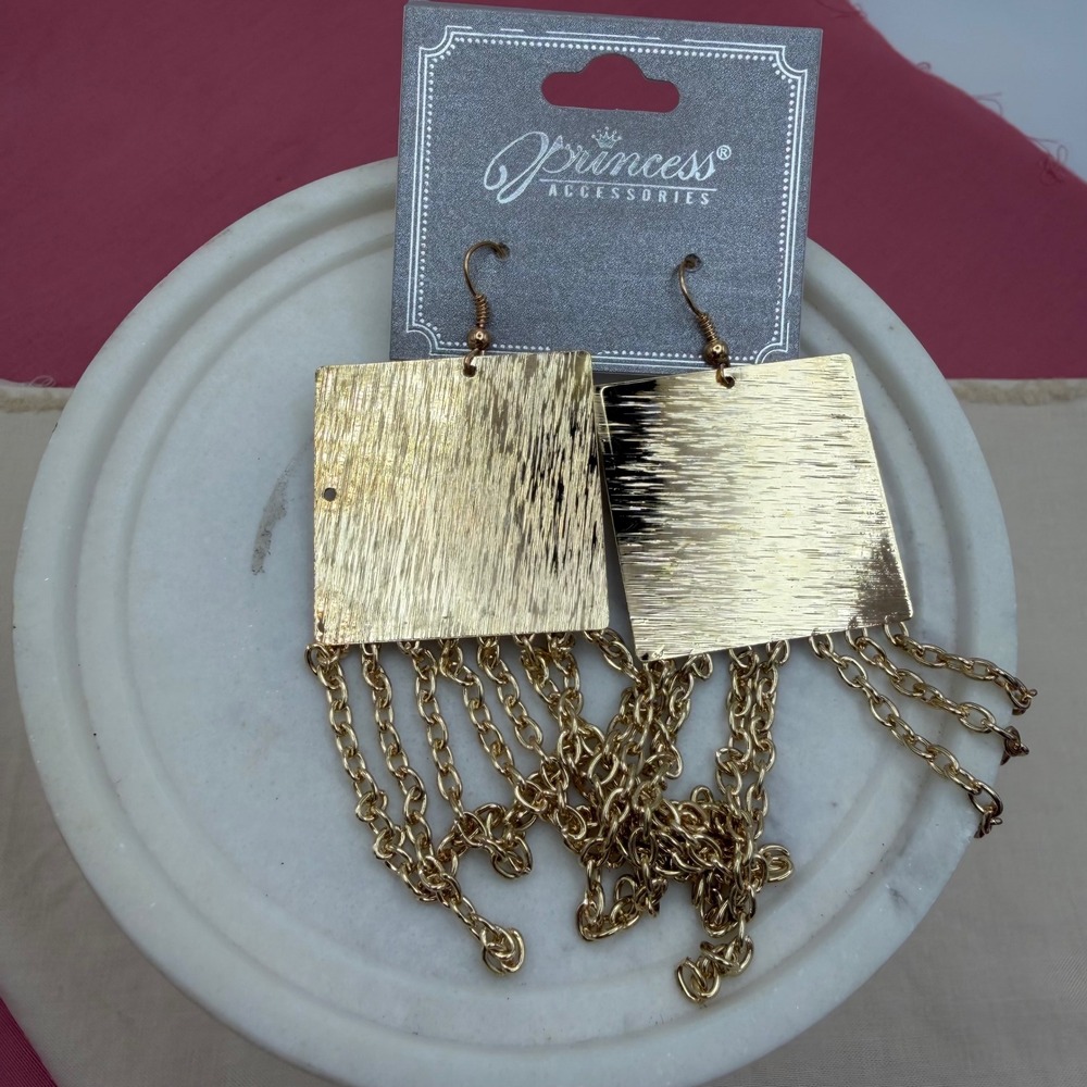 Princess Accessories Gold Tone Textured Square Chain Fringe Drop Earrings